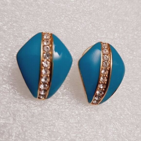 VENDOME Signed Vintage Turquoise Blue Enamel Post Earrings & Rhinestones Jewelry - Picture 4 of 14